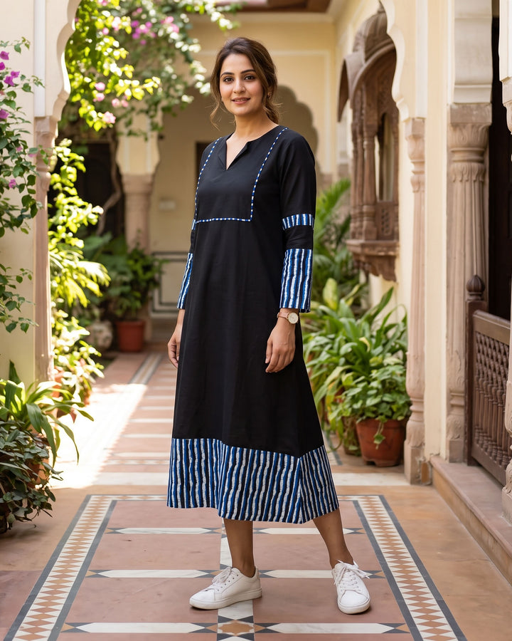 Indigo Noir A-Line Cotton Dress - with Pockets