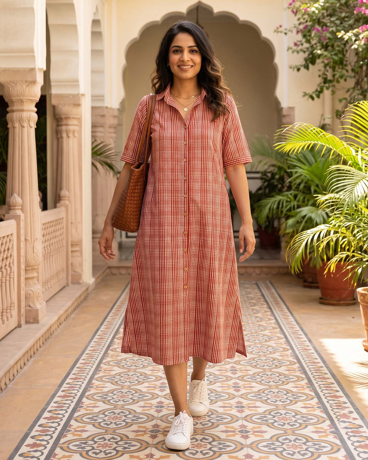 Rust Charm A-Line Cotton Shirt Dress - with Pockets