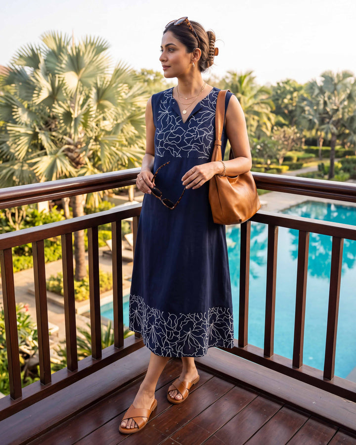 Navy Grace A-Line Embroidered Cotton Dress - with Pockets