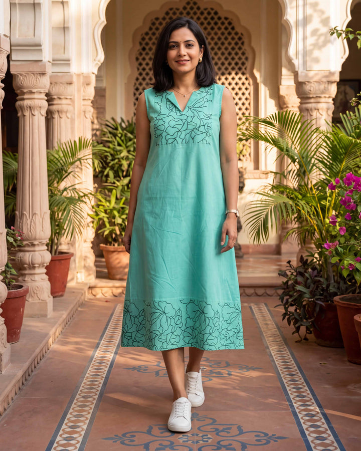 Mint Grace A-Line Embroidered Cotton Dress - with Pockets
