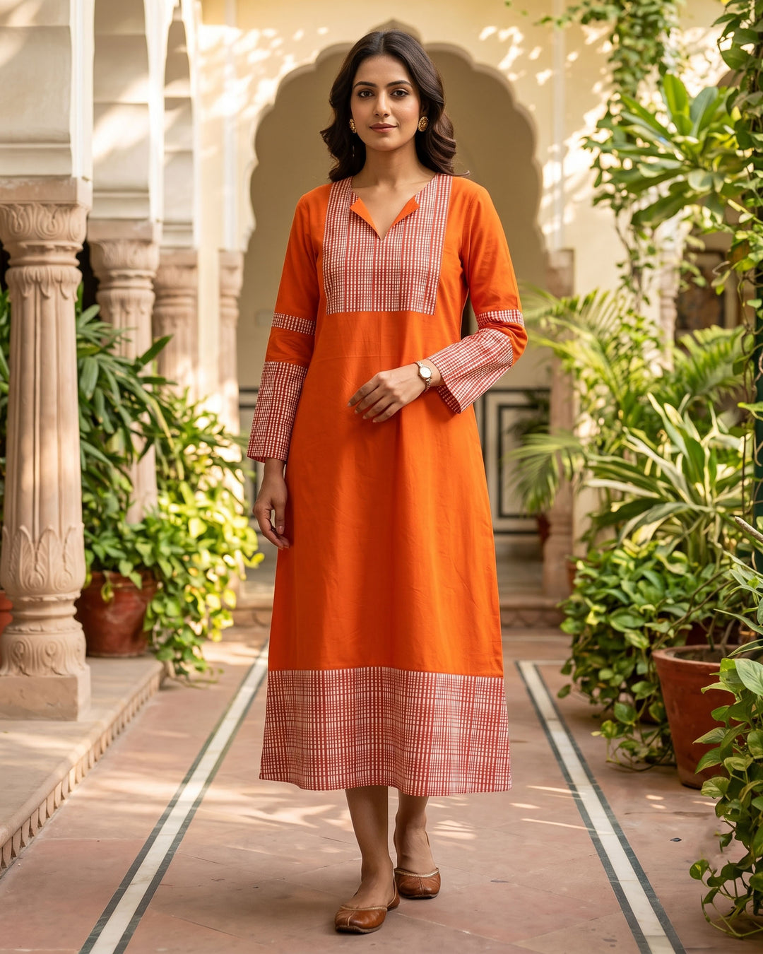 Orange Weave A-Line Cotton Dress - with Pockets