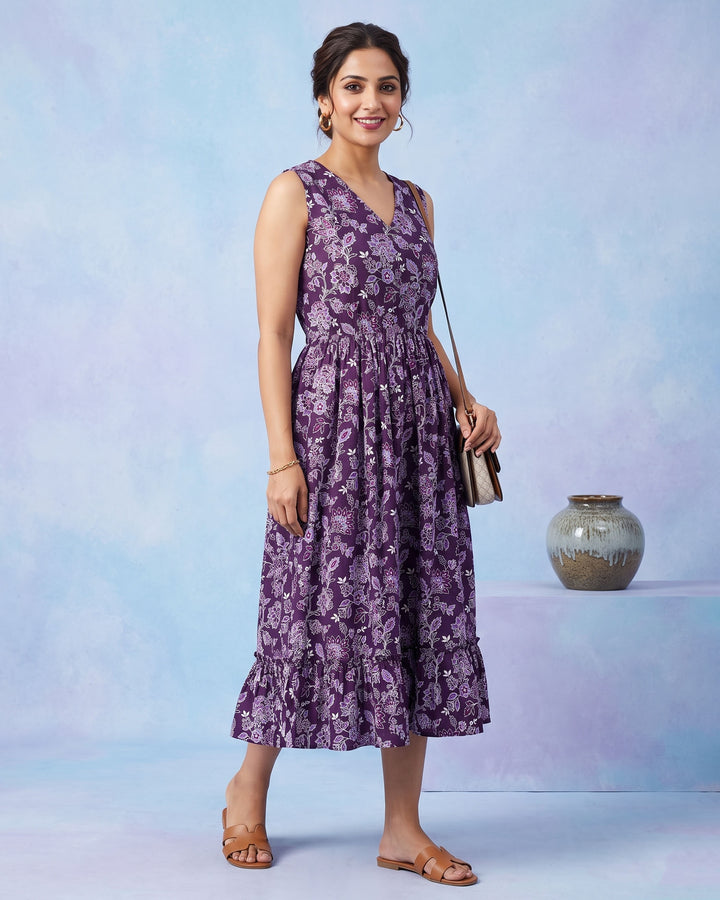 Purple Wildflower Cotton Midi Dress with Pockets