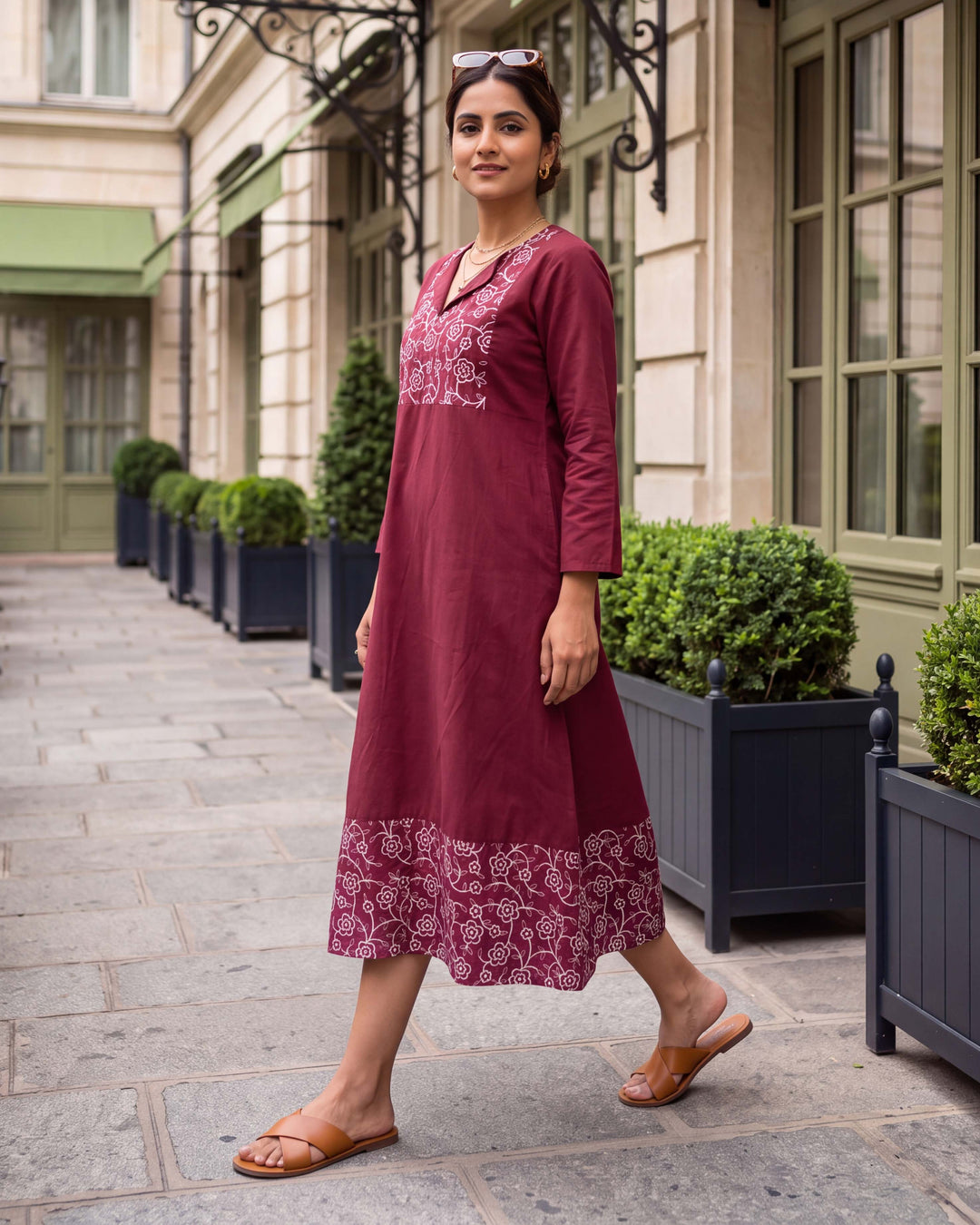 Garnet Vine A-Line Embroidered Cotton Dress - with Pockets