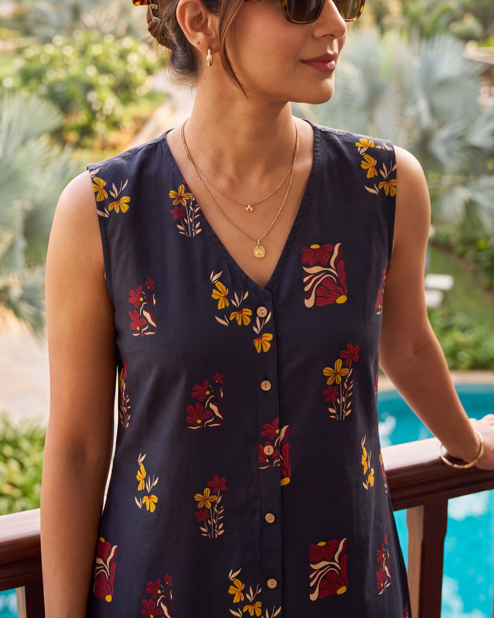 Midnight motif A-Line Cotton Dress - with Pockets