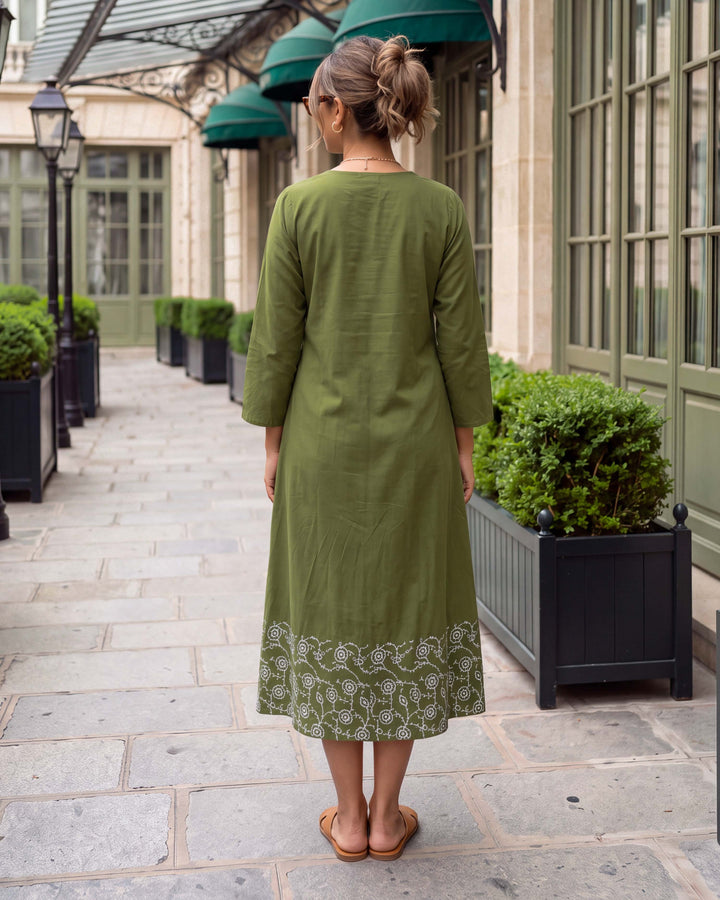 Olive Vine A-Line Embroidered Cotton Dress - with Pockets