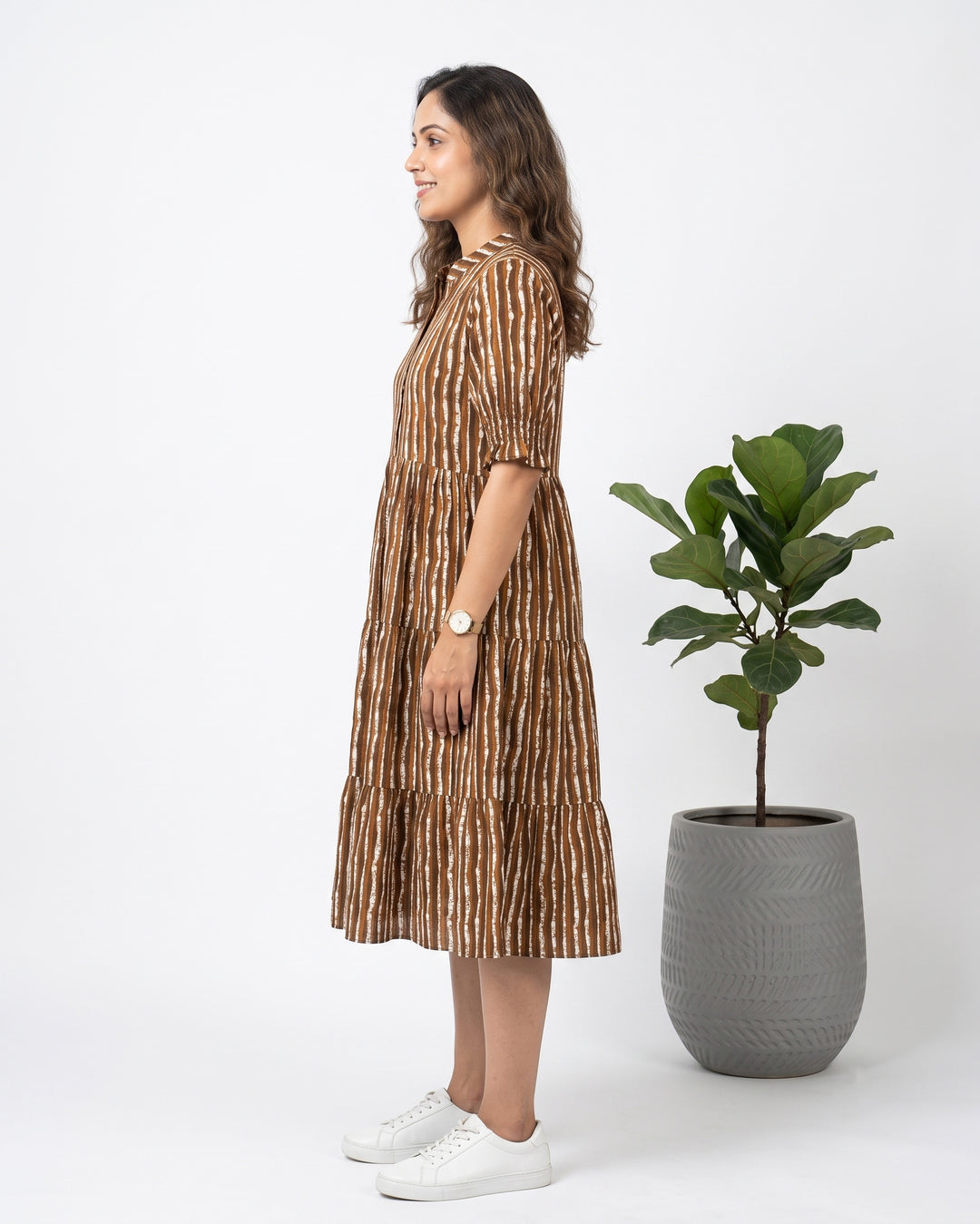 Brown Stripes Cotton Dress with Pockets