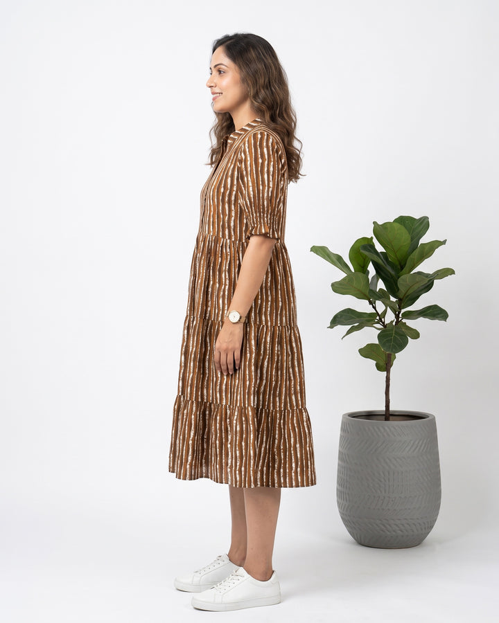 Brown Stripes Cotton Dress with Pockets