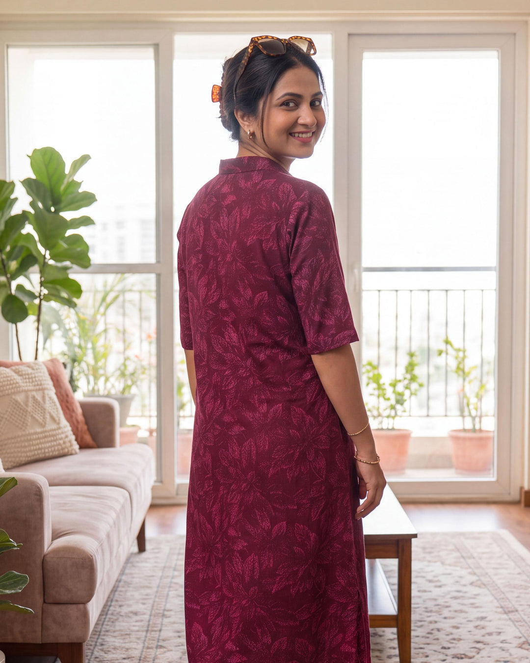 Wine Botanica A-Line Cotton Shirt Dress - with Pockets