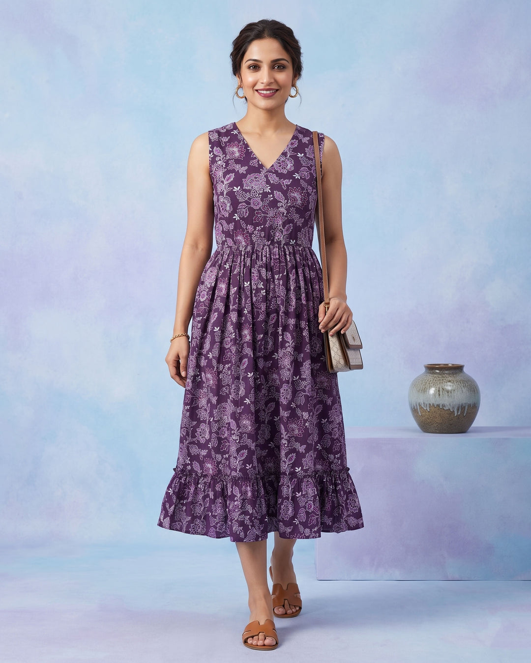 Purple Wildflower Cotton Midi Dress with Pockets