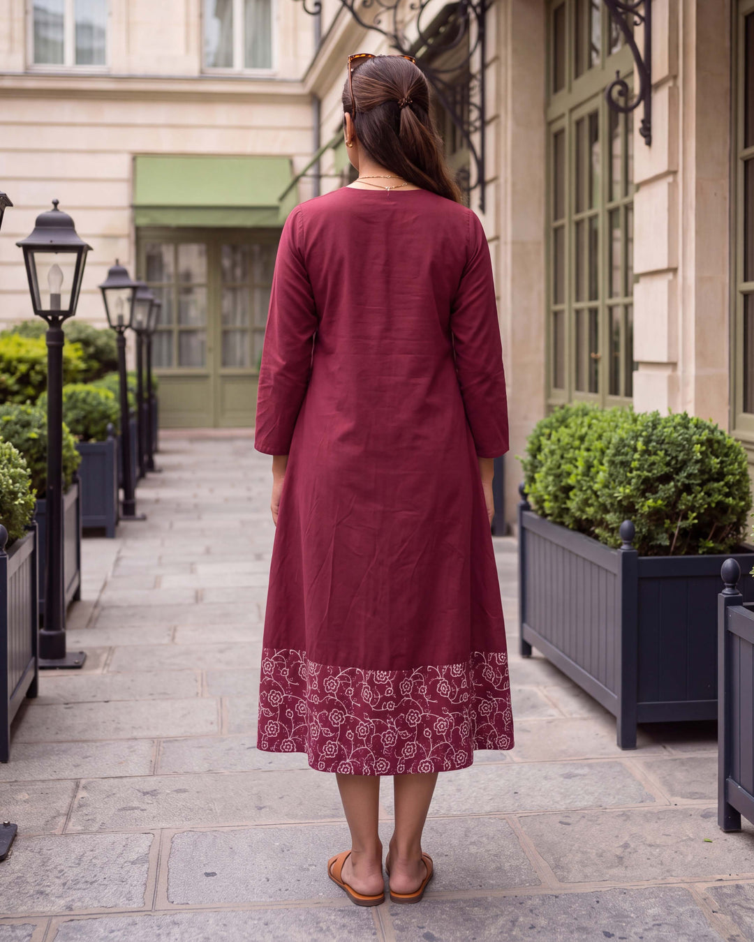 Garnet Vine A-Line Embroidered Cotton Dress - with Pockets
