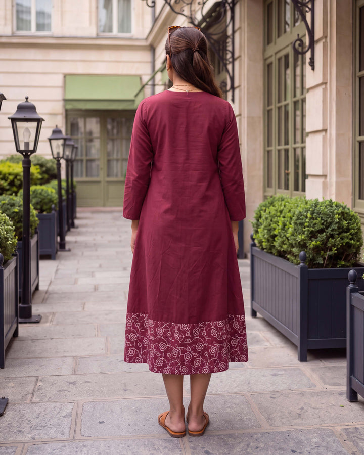 Garnet Vine A-Line Embroidered Cotton Dress - with Pockets