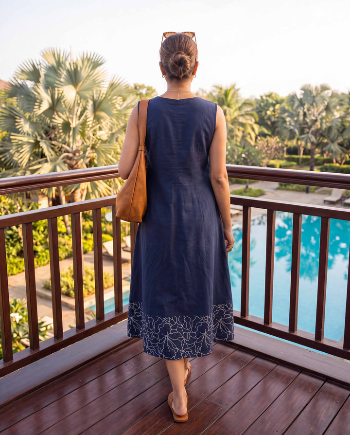 Navy Grace A-Line Embroidered Cotton Dress - with Pockets