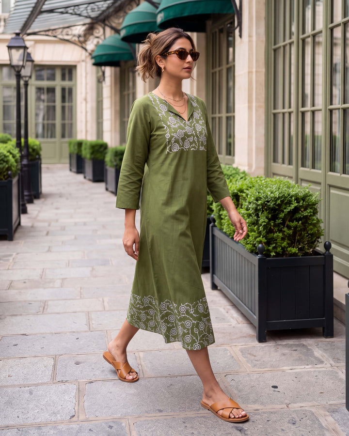 Olive Vine A-Line Embroidered Cotton Dress - with Pockets