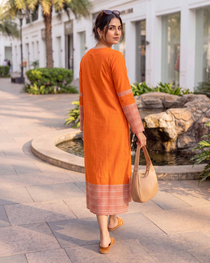Orange Weave A-Line Cotton Dress - with Pockets