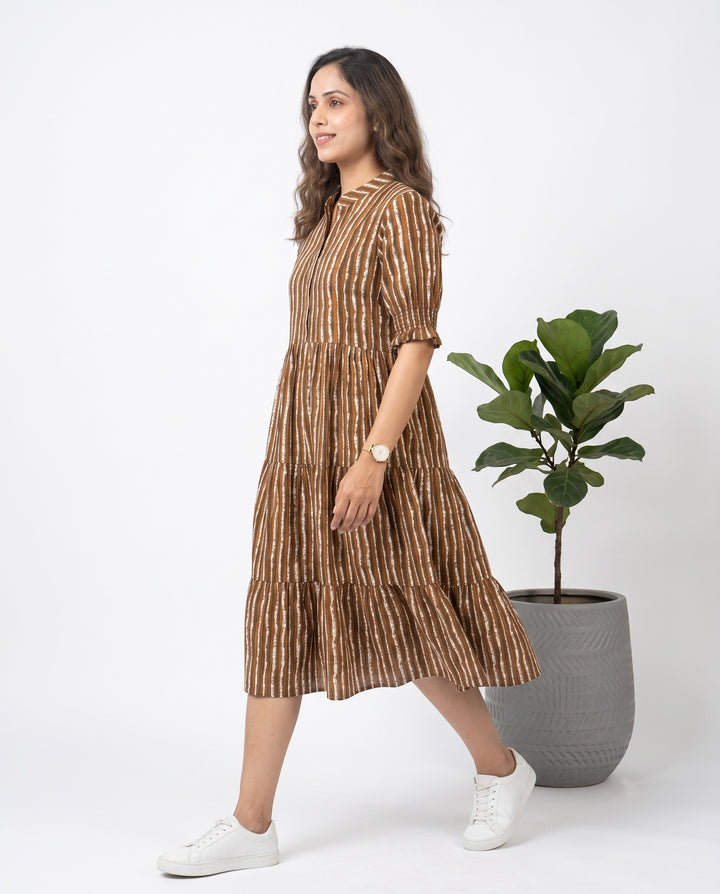 Brown Stripes Cotton Dress with Pockets