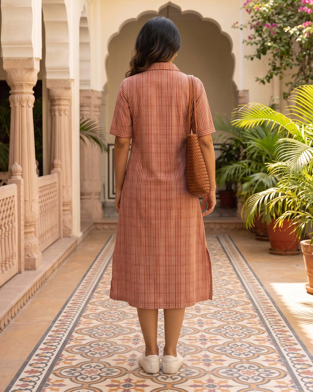 Rust Charm A-Line Cotton Shirt Dress - with Pockets