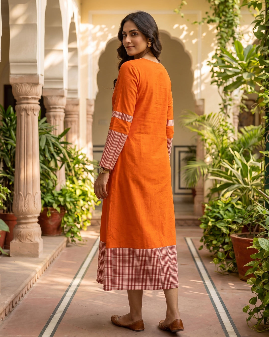 Orange Weave A-Line Cotton Dress - with Pockets