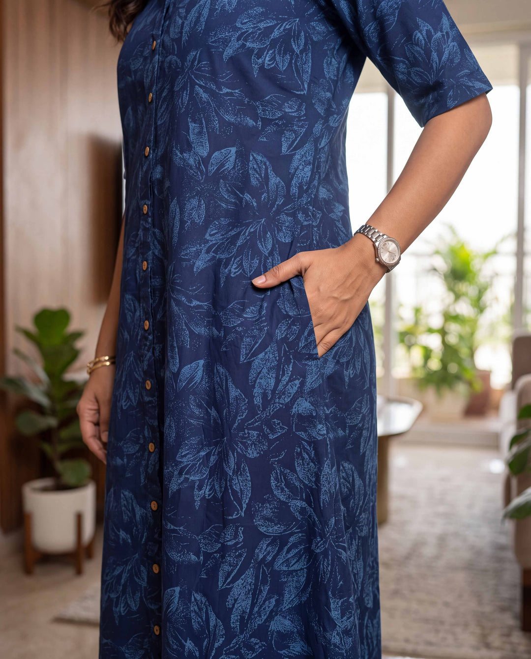 Blue Botanica A-Line Cotton Shirt Dress - with Pockets