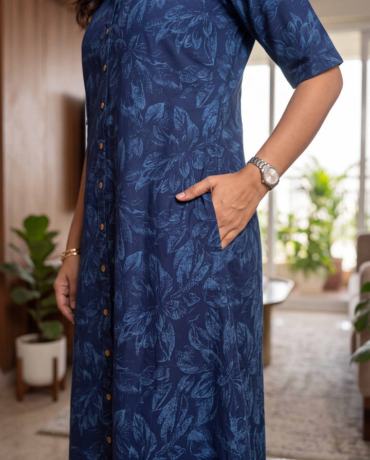 Blue Botanica A-Line Cotton Shirt Dress - with Pockets