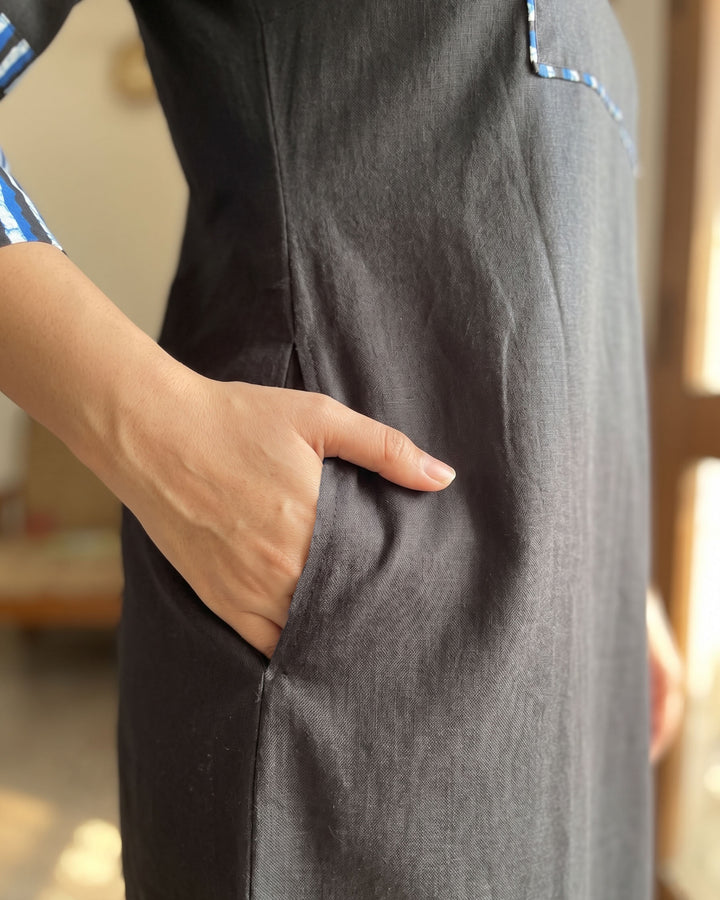 Indigo Noir A-Line Cotton Dress - with Pockets