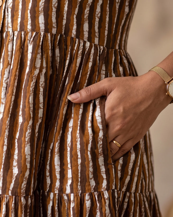 Brown Stripes Cotton Dress with Pockets