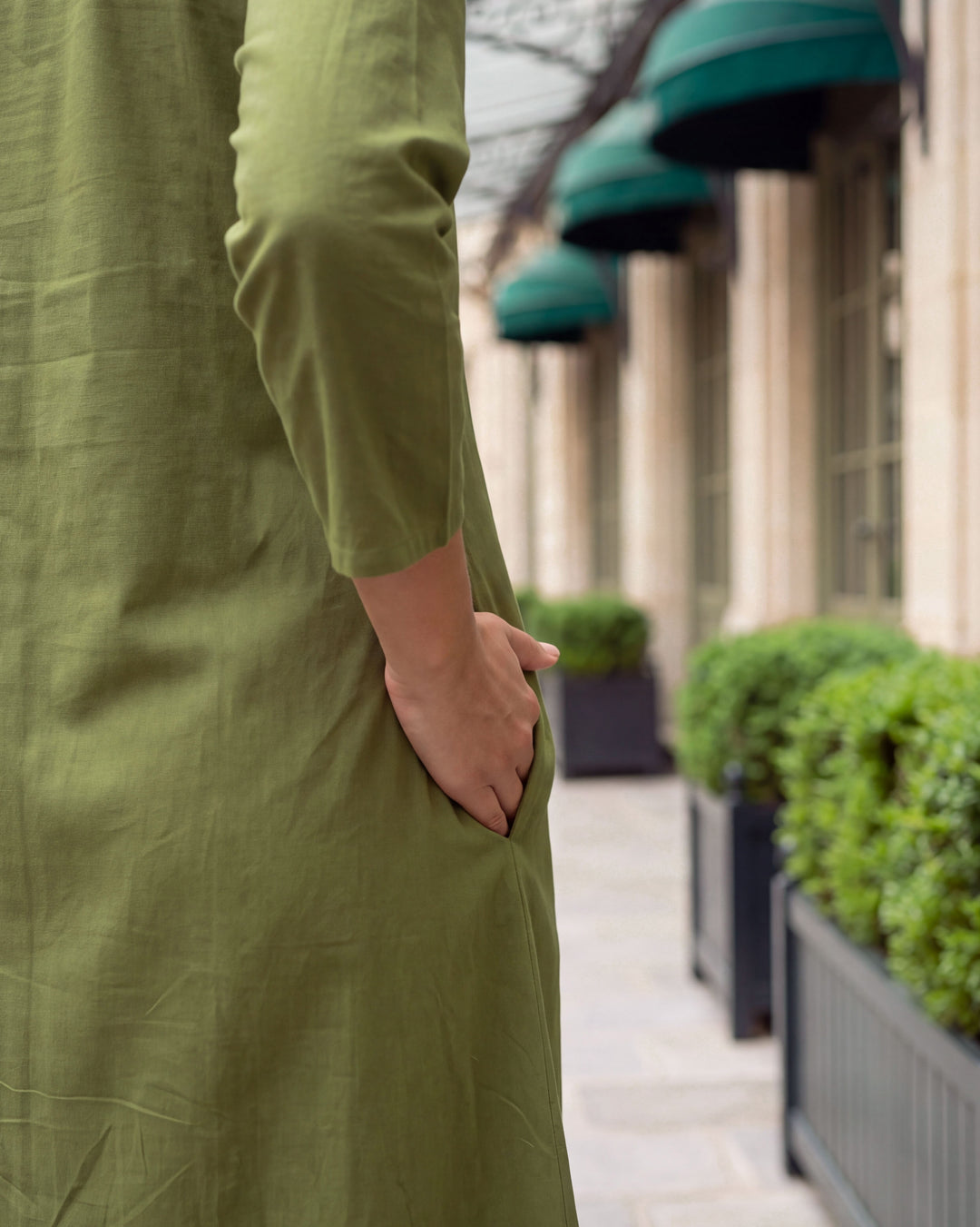 Olive Vine A-Line Embroidered Cotton Dress - with Pockets
