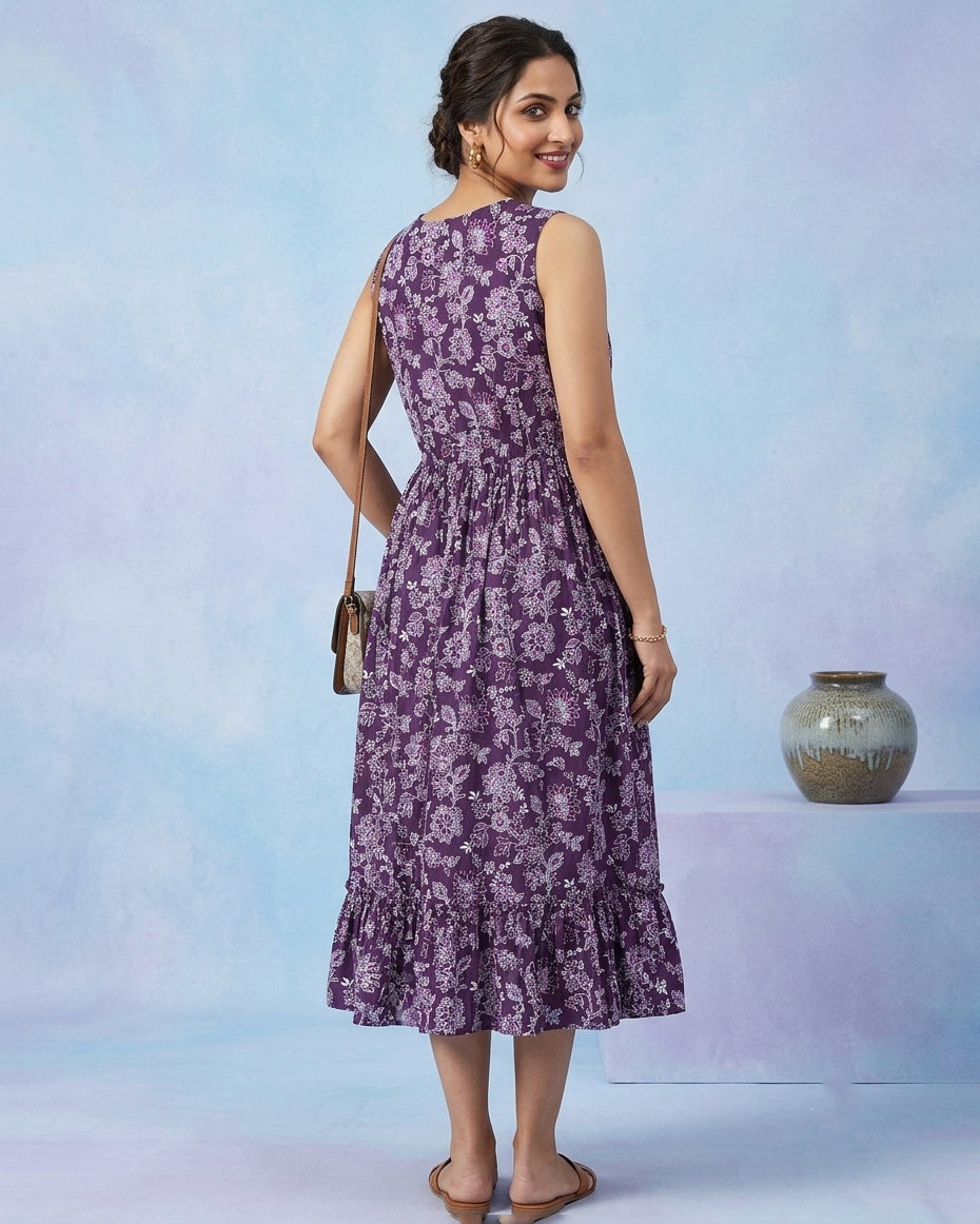 Purple Wildflower Cotton Midi Dress with Pockets