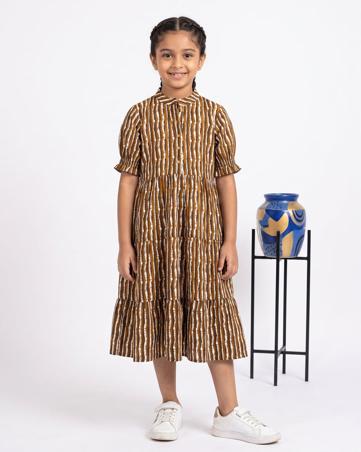 Brown Stripes Cotton Girl's Dress