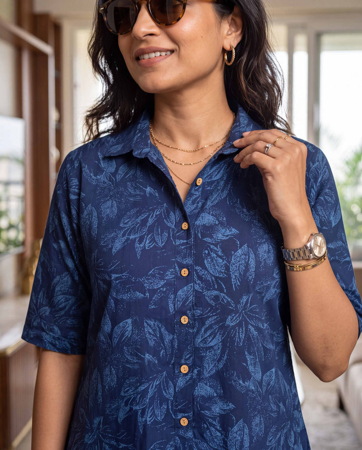 Blue Botanica A-Line Cotton Shirt Dress - with Pockets