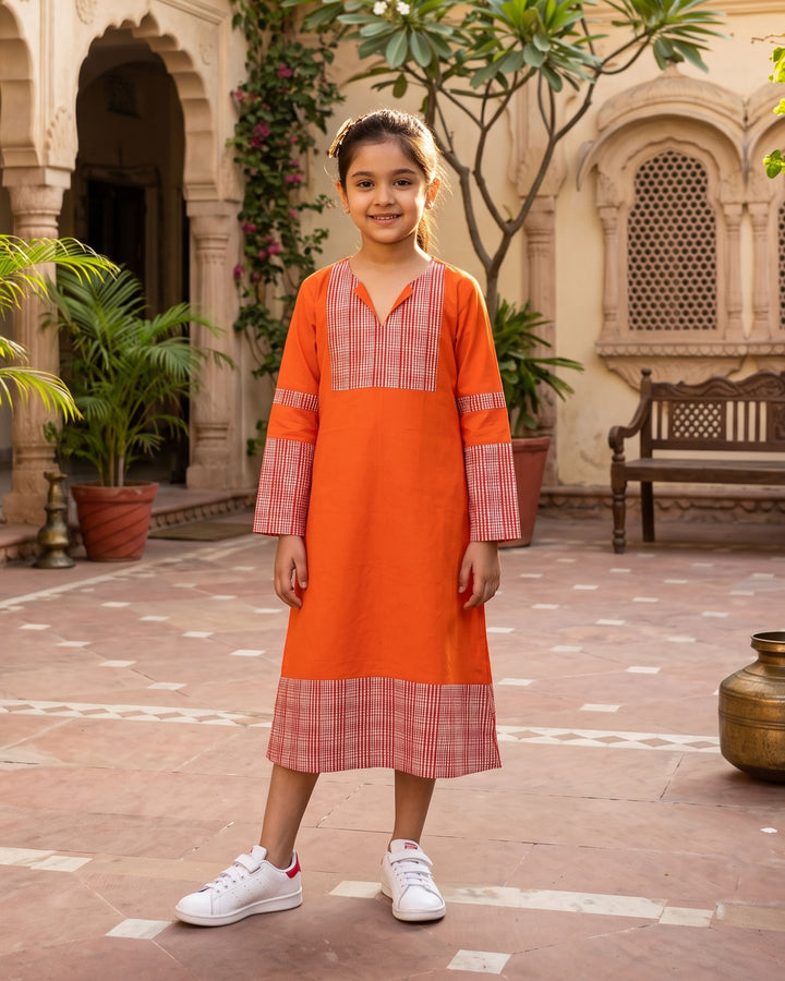 Orange Weave Mom and Daughter Cotton Dresses