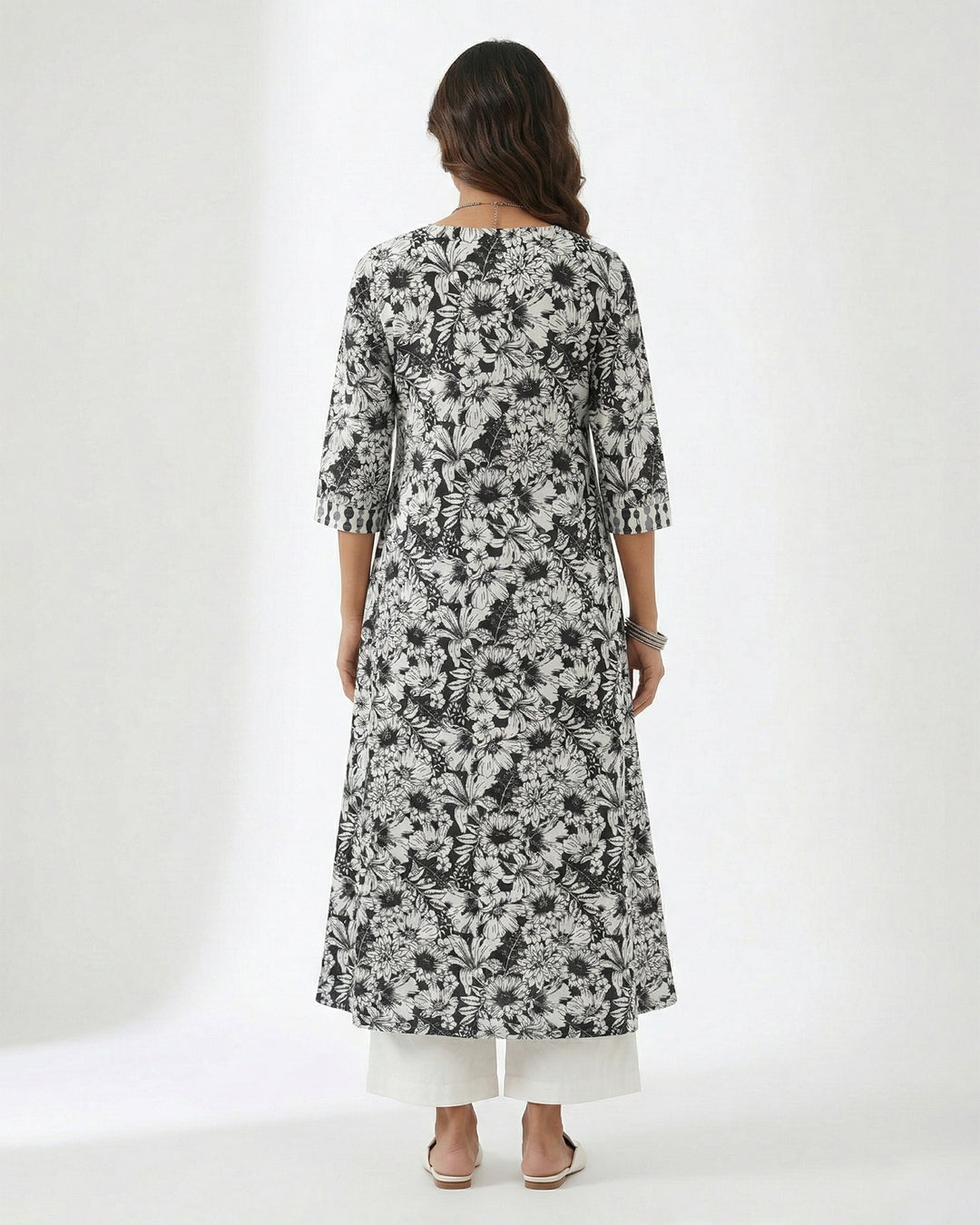 Black Floral Print Pure Cotton Kurta
