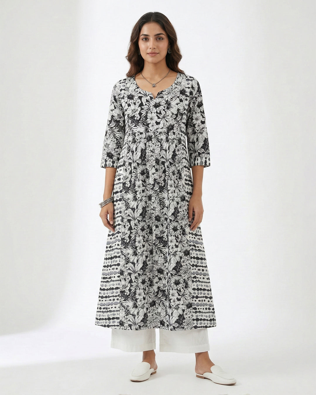 Black Floral Print Pure Cotton Kurta