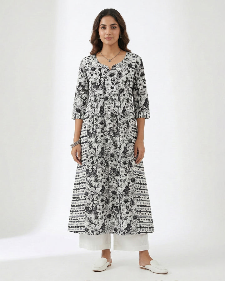 Black Floral Print Pure Cotton Kurta