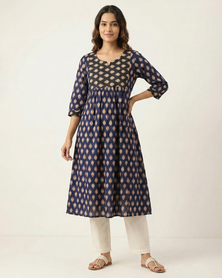 Navy Blue 'Ajrakh Ease' Pure Cotton Kurta