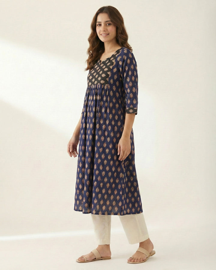 Navy Blue 'Ajrakh Ease' Pure Cotton Kurta