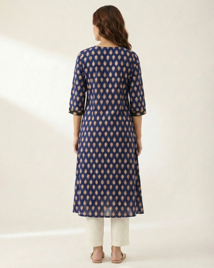 Navy Blue 'Ajrakh Ease' Pure Cotton Kurta