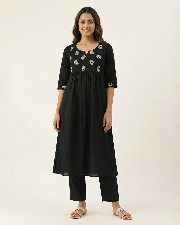 Black Paisley Embroidered Pure Cotton Kurta