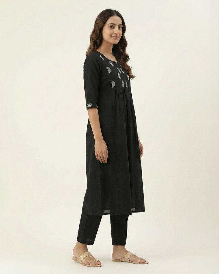 Black Paisley Embroidered Pure Cotton Kurta