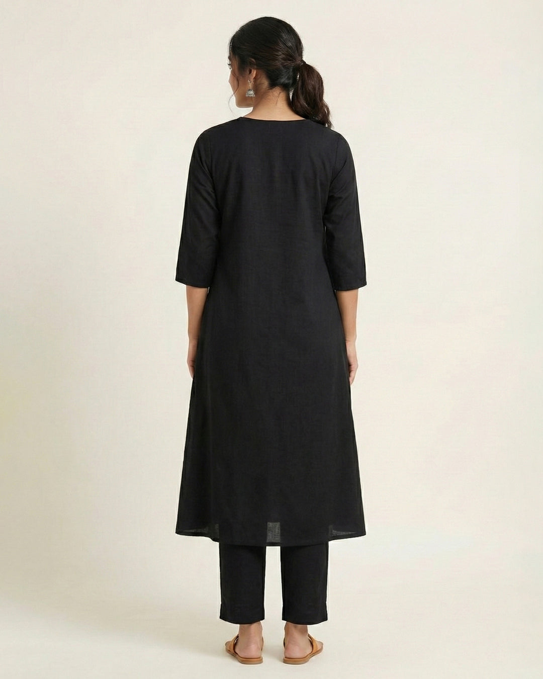 Black Paisley Embroidered Pure Cotton Kurta
