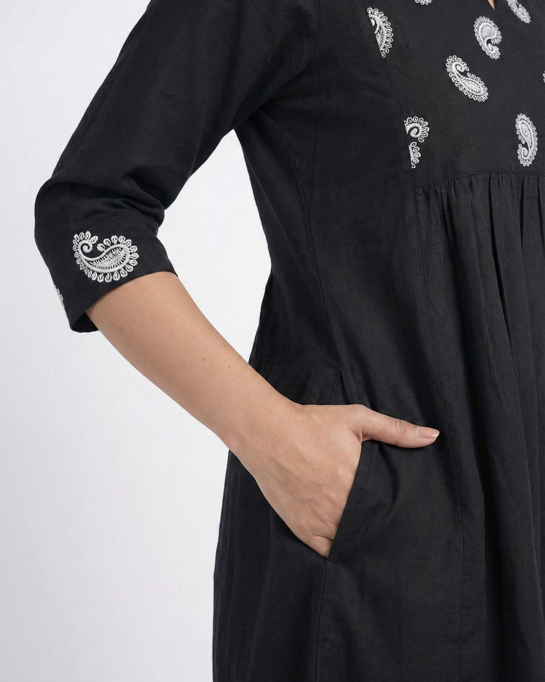 Black Paisley Embroidered Pure Cotton Kurta