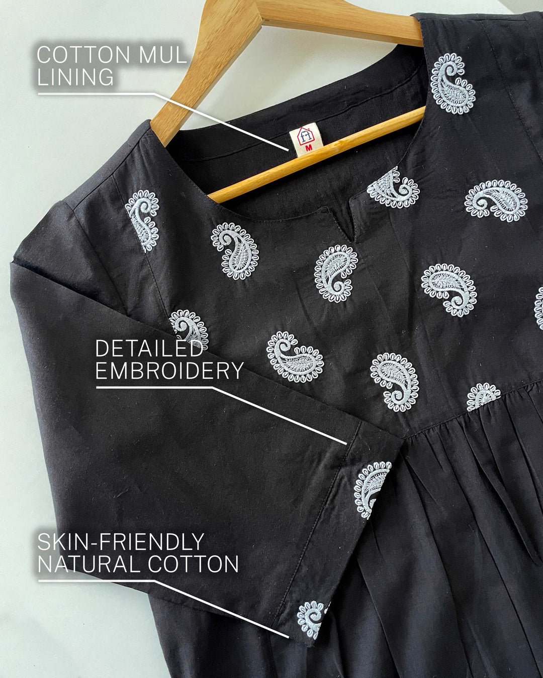 Black Paisley Embroidered Pure Cotton Kurta