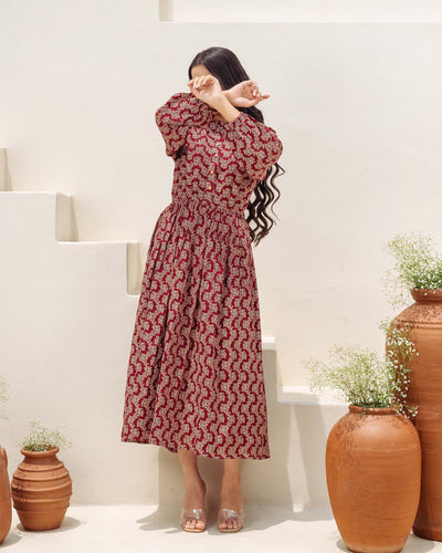 'Wine Ajrakh' Mom and Daughter Dresses