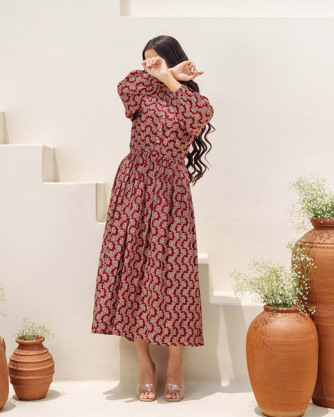 'Wine Ajrakh' Midi Dress with Pockets