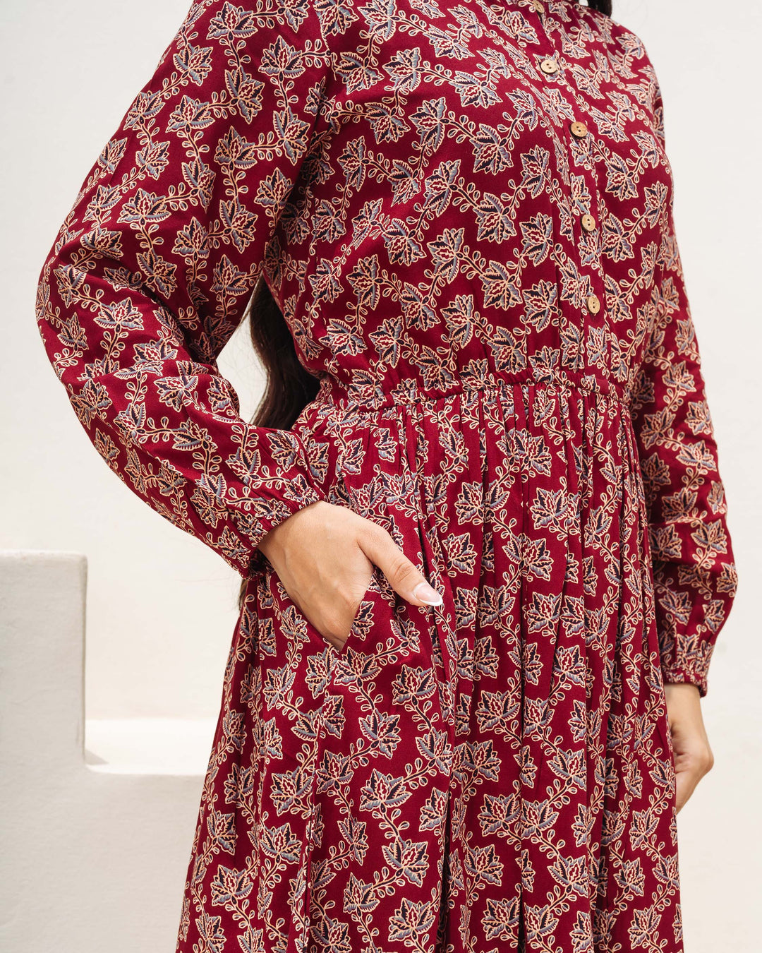 'Wine Ajrakh' Midi Dress with Pockets
