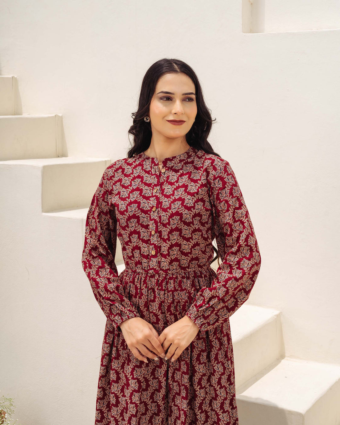 'Wine Ajrakh' Midi Dress with Pockets