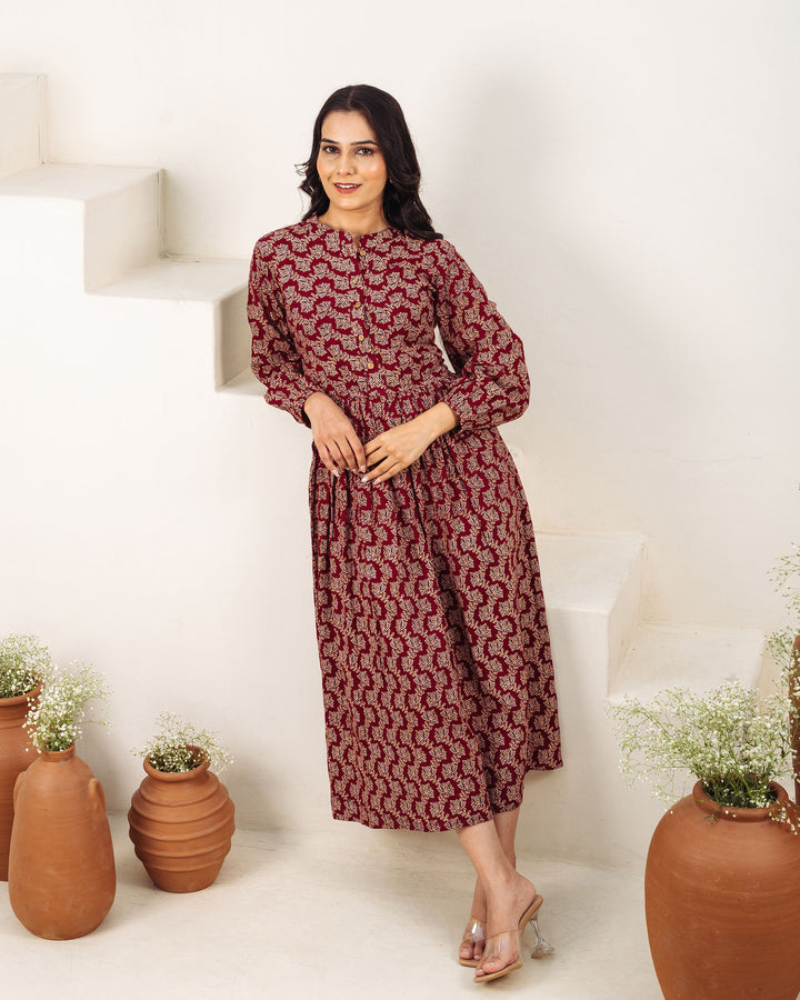 'Wine Ajrakh' Midi Dress with Pockets