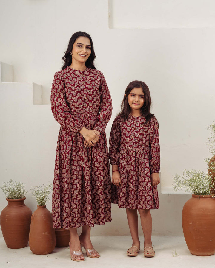 'Wine Ajrakh' Mom and Daughter Dresses