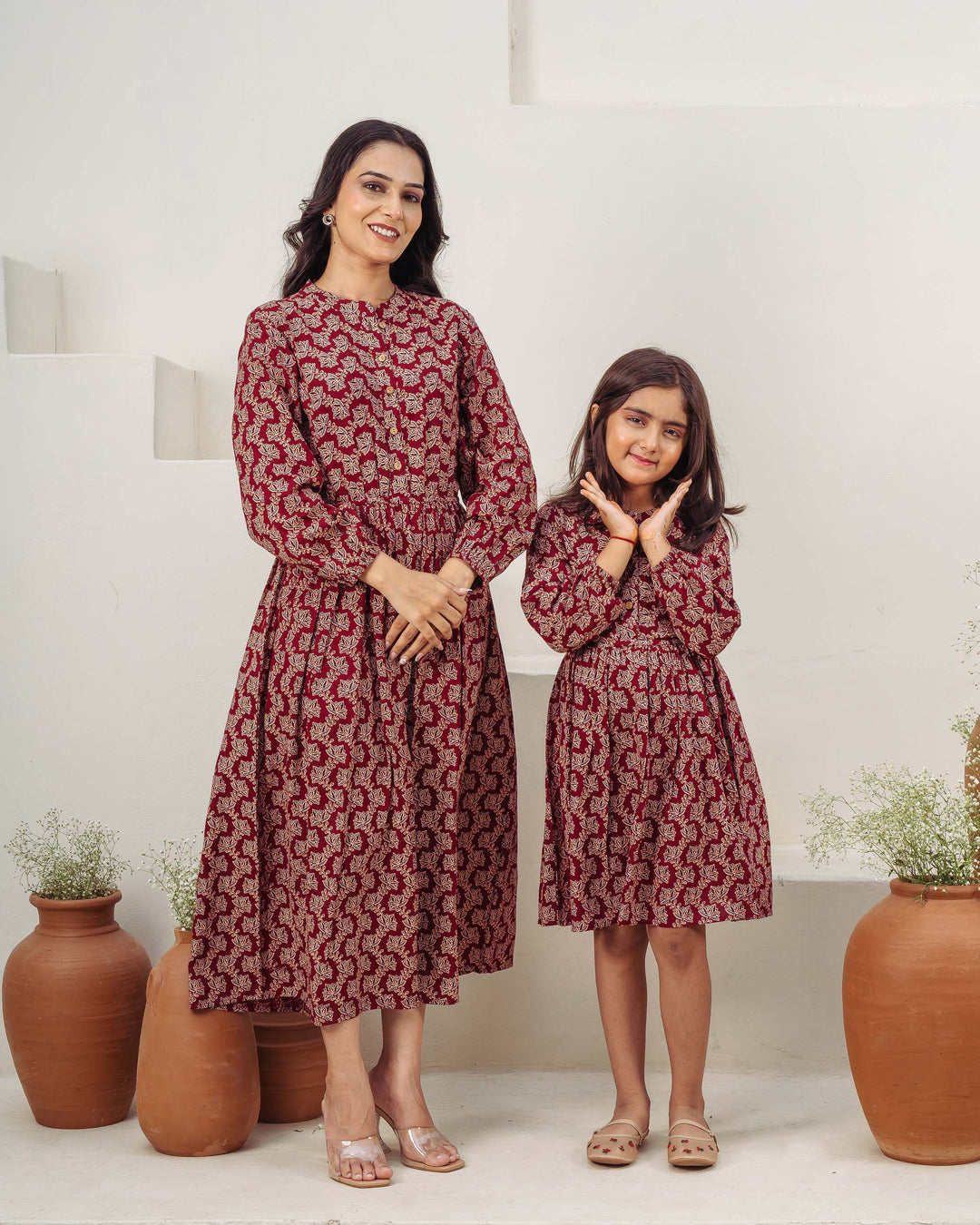 'Wine Ajrakh' Mom and Daughter Dresses