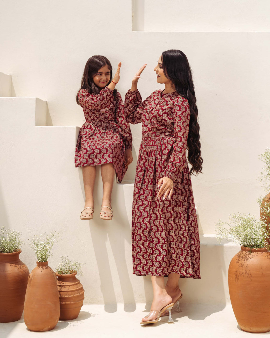 'Wine Ajrakh' Mom and Daughter Dresses
