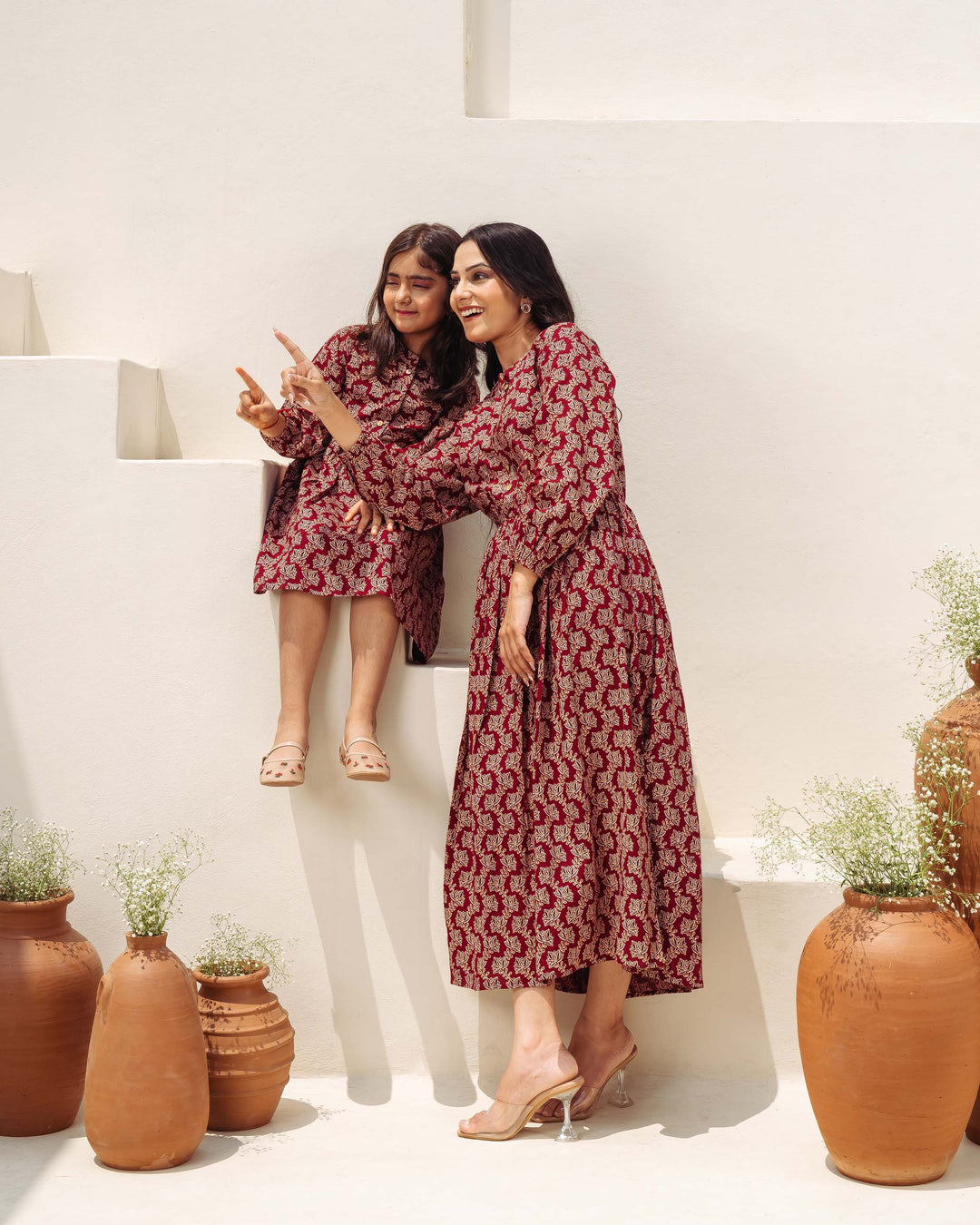 'Wine Ajrakh' Mom and Daughter Dresses